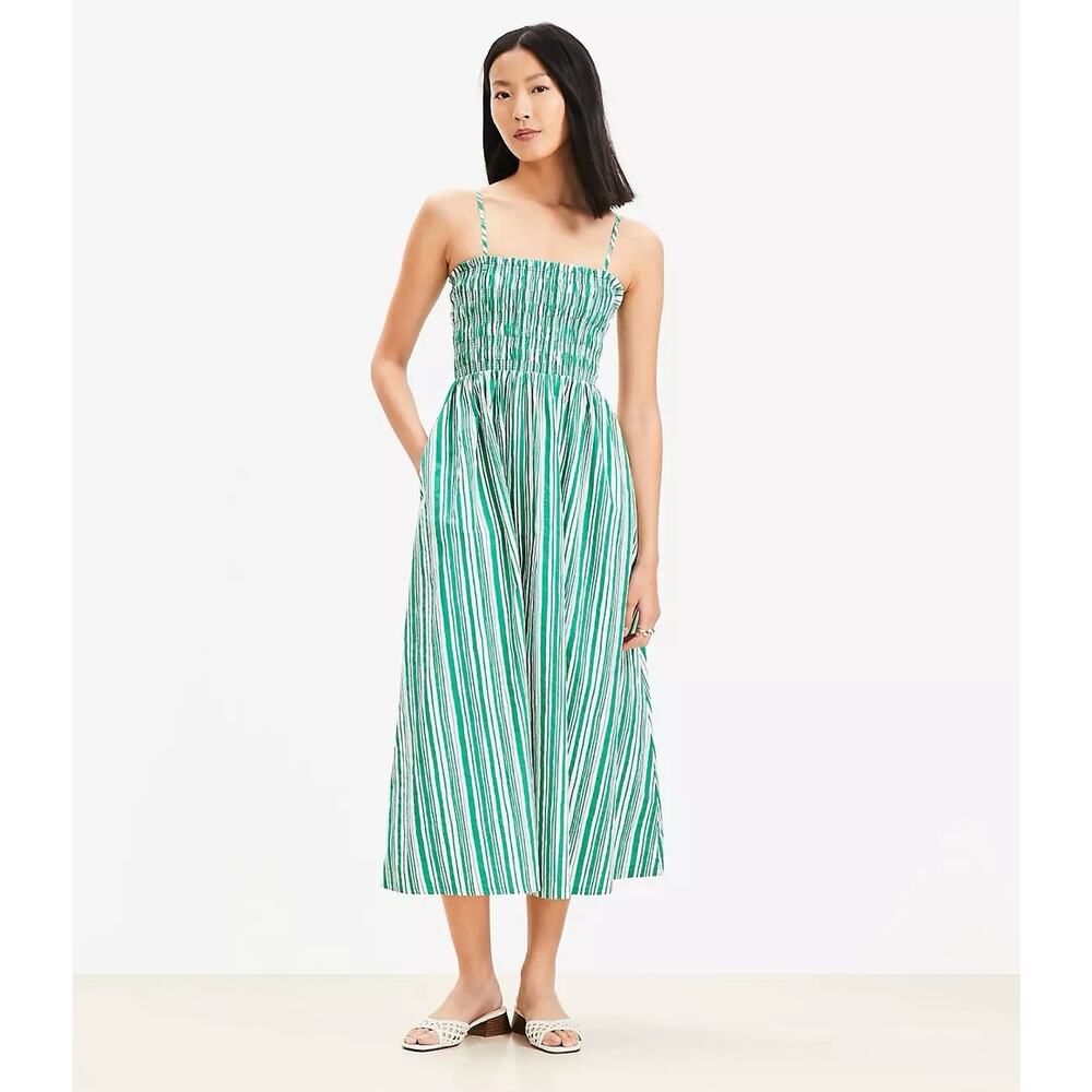 LOFT Striped Poplin Smocked Strappy Midi Dress Size Medium Petite Preowned